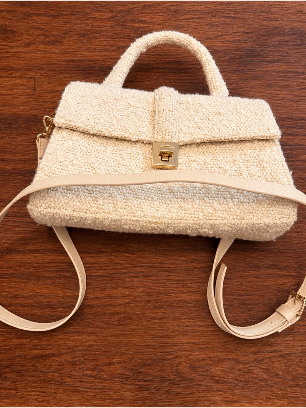 H&M Cream Bouclé Teddy Mini Crossbody Top Handle Bag
